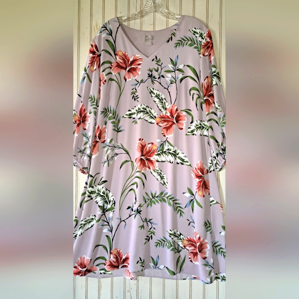 Ladies Chicos Purple Floral Flowy 3/4 Sleeve Dress Knee Length Lined V Neck 16
